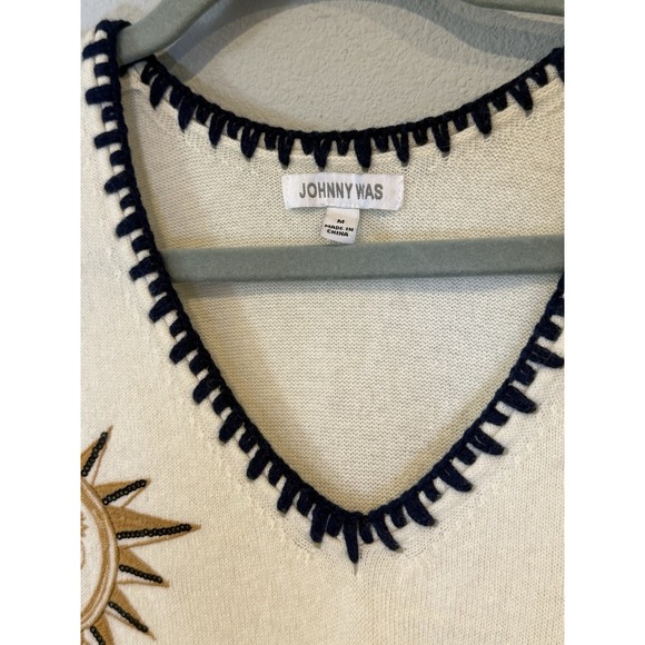 Johnny Was Celestial Embroidered Wool Cashmere Sweater Cream Sun Moon Stars M - Picture 4 of 7